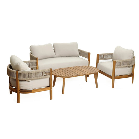 RetailsSup 4-Piece Outdoor Conversation Set – Acacia Wood Frame with Slatted Coffee Table, Loveseat & 2 Armchairs