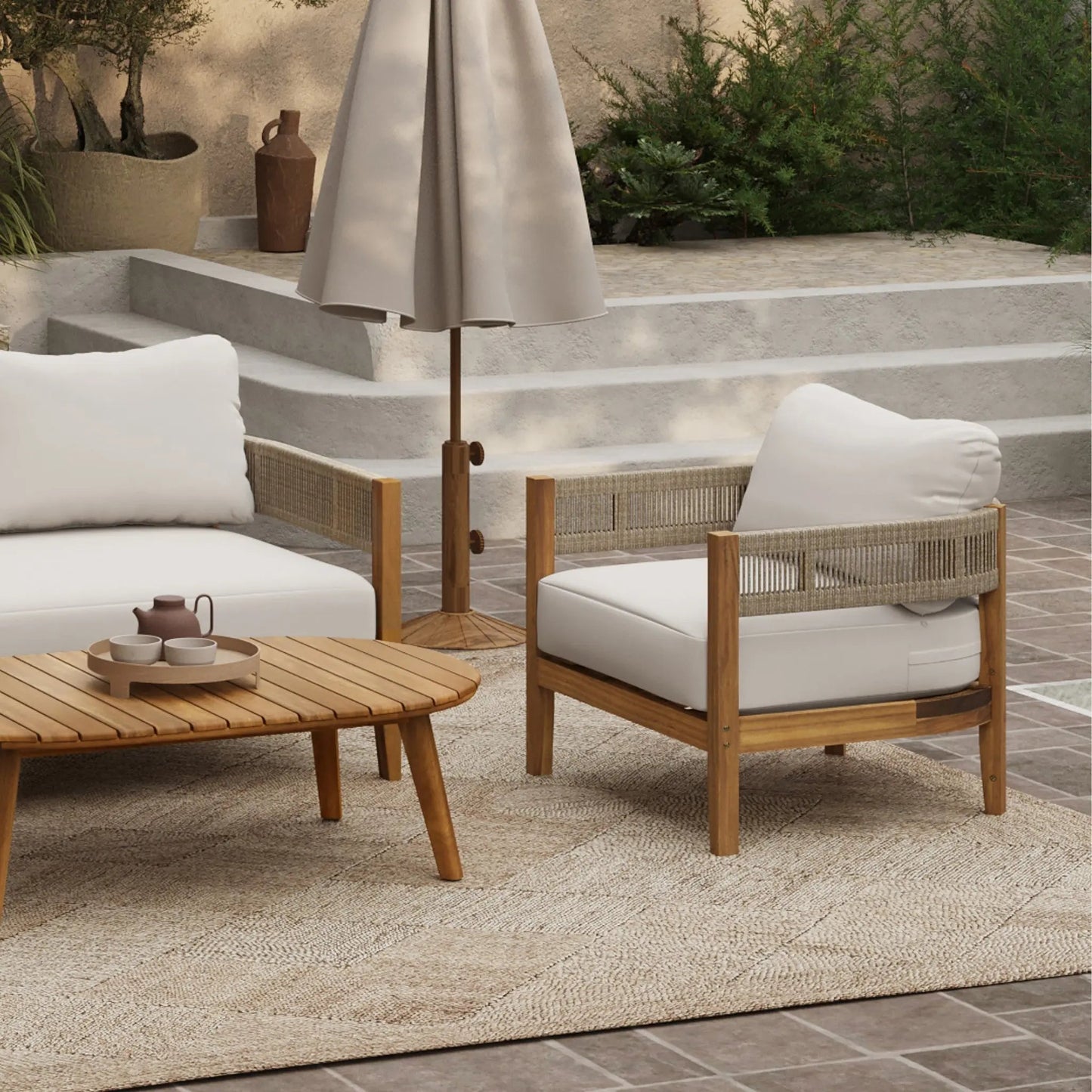 RetailsSup 4-Piece Outdoor Conversation Set – Acacia Wood Frame with Slatted Coffee Table, Loveseat & 2 Armchairs