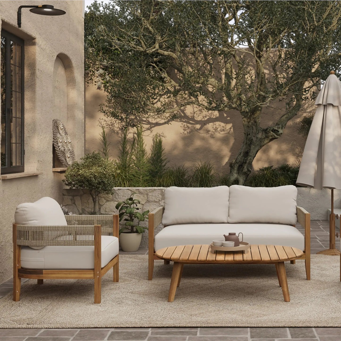 RetailsSup 4-Piece Outdoor Conversation Set – Acacia Wood Frame with Slatted Coffee Table, Loveseat & 2 Armchairs