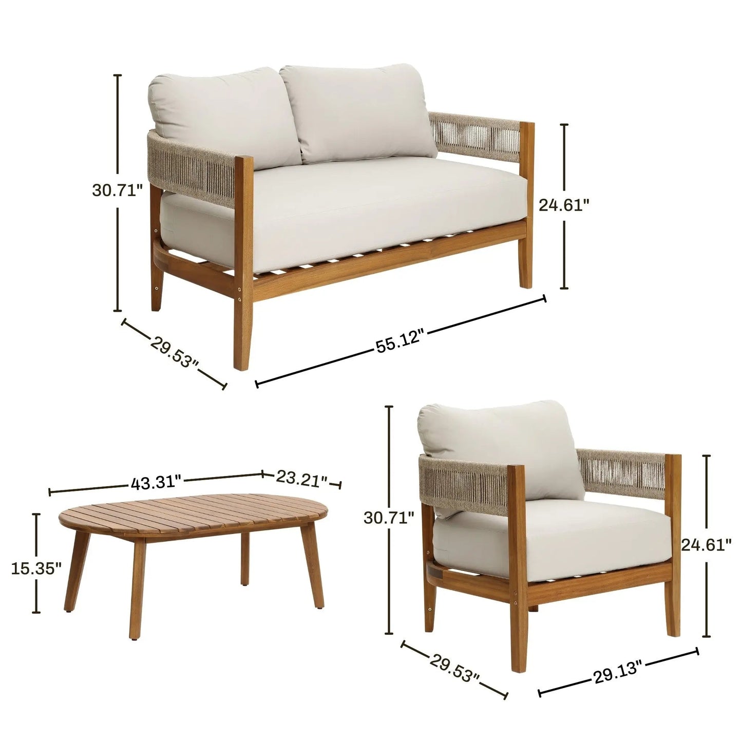 RetailsSup 4-Piece Outdoor Conversation Set – Acacia Wood Frame with Slatted Coffee Table, Loveseat & 2 Armchairs