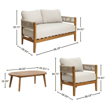 RetailsSup 4-Piece Outdoor Conversation Set – Acacia Wood Frame with Slatted Coffee Table, Loveseat & 2 Armchairs