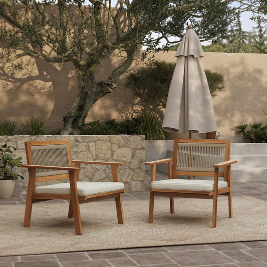 RetailsSup Outdoor Armchair Set of 2 – Acacia Wood Frame with Rope Backrest, Weather-Resistant Design