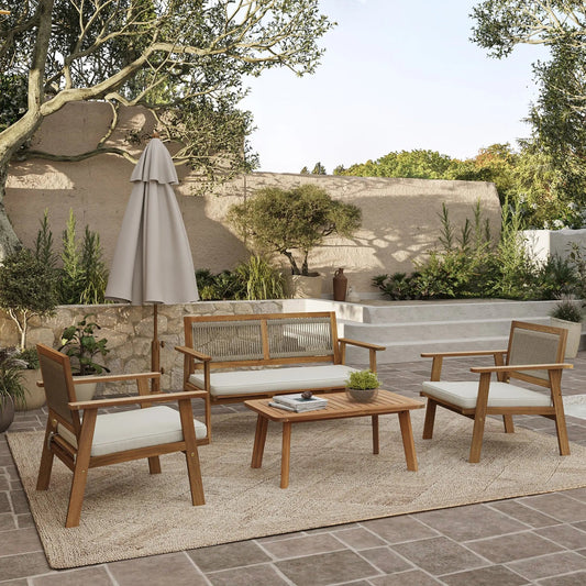 RetailsSup Outdoor 4-Piece Patio Seating Set – Acacia Wood & Rope, Loveseat, 2 Armchairs, Coffee Table