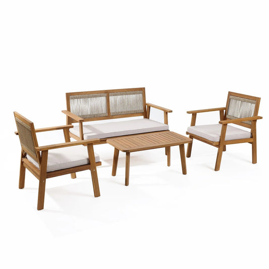 RetailsSup Outdoor 4-Piece Patio Seating Set – Acacia Wood & Rope, Loveseat, 2 Armchairs, Coffee Table